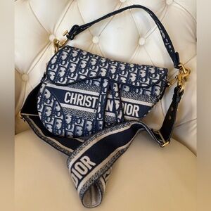 CHRISTIAN DIOR Oblique Embroidered Saddle Bag Blue *EUC